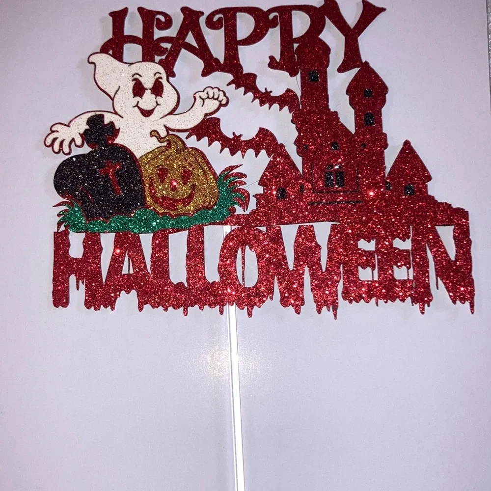 One Happy Halloween Haunted House Ghost Red Glittery Party Cake Topper New